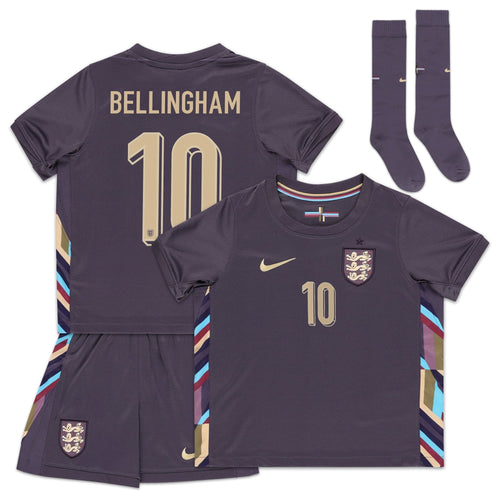 England Away Stadium Mini Kit 2024 - Little Kids with Bellingham 10 printing Soccer Shirt - Purple