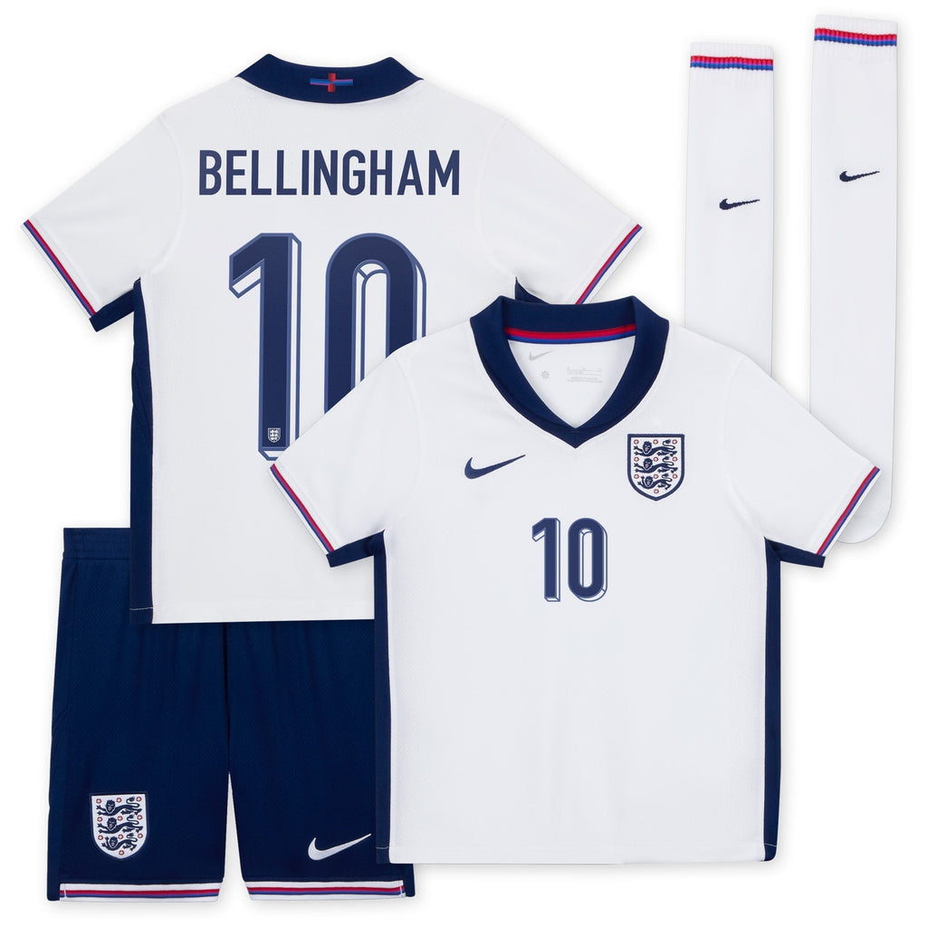 England Home Stadium Mini Kit 2024 - Little Kids with Bellingham 10 printing Soccer Shirt - White
